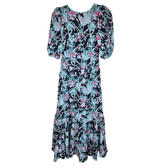 CHELSEA 28 Floral Puff Sleeve Tie Front Maxi Dress Black Pink Green XS - Picture 3 of 8